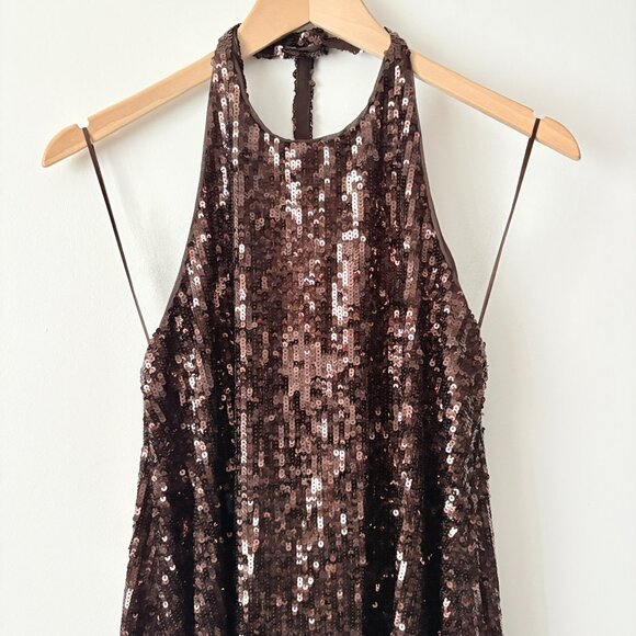 Zara Festive Sequin Halter Maxi Dress Brown NWT Size Small - Picture 8 of 12